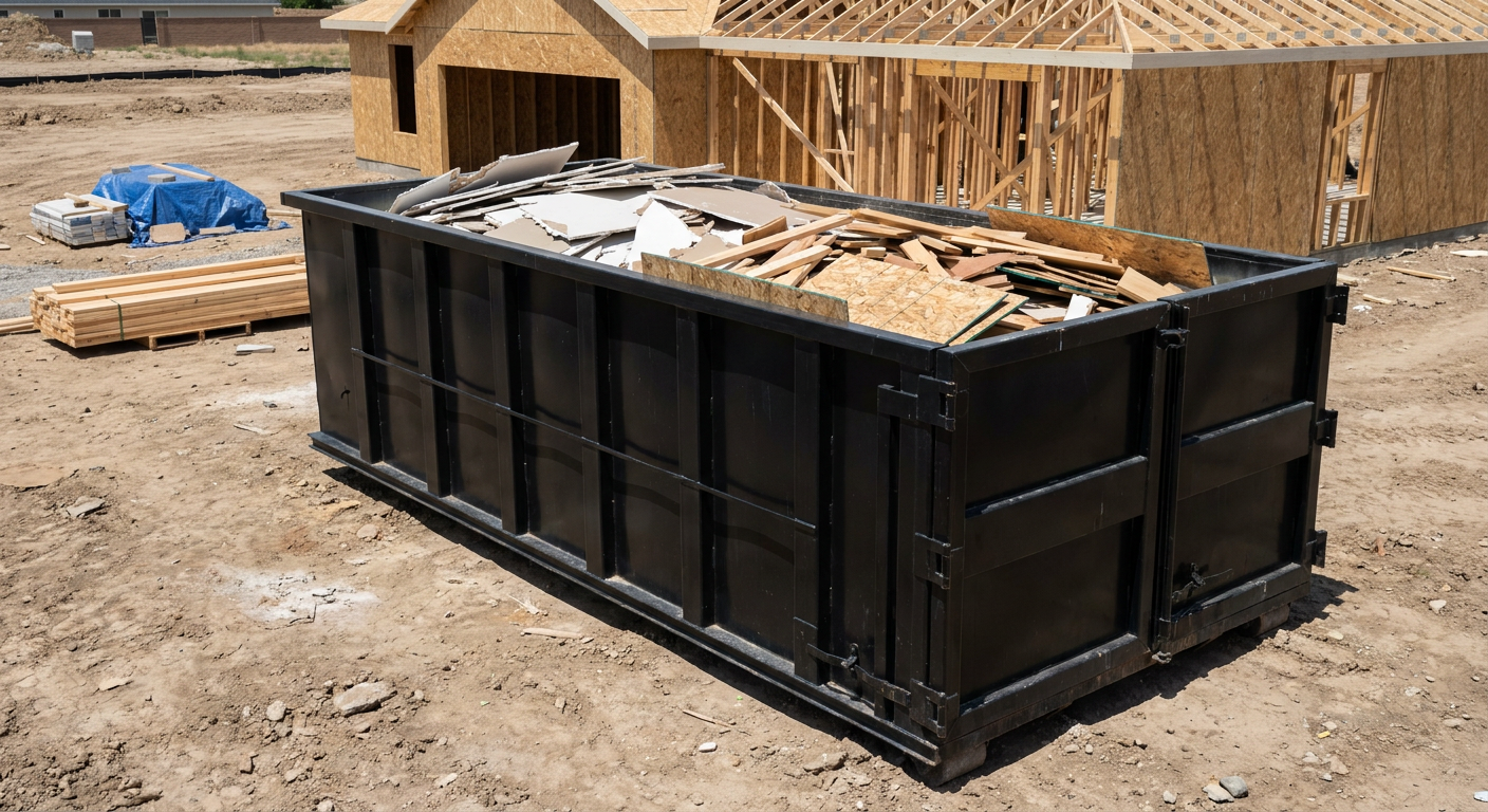 Matte-black 30-yard roll-off construction dumpster sitting directly on the compacted-dirt site of a framed single-family home build in Lancaster, drywall and lumber scrap loaded inside.