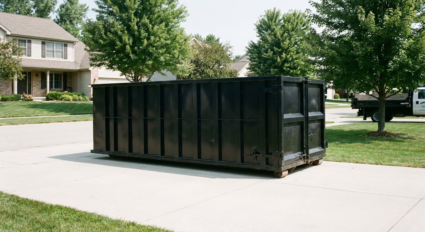 Matte-black 20-yard roll-off dumpster sitting level on a clean Lancaster residential concrete driveway under bright daylight, demonstrating clean placement directly on the concrete.