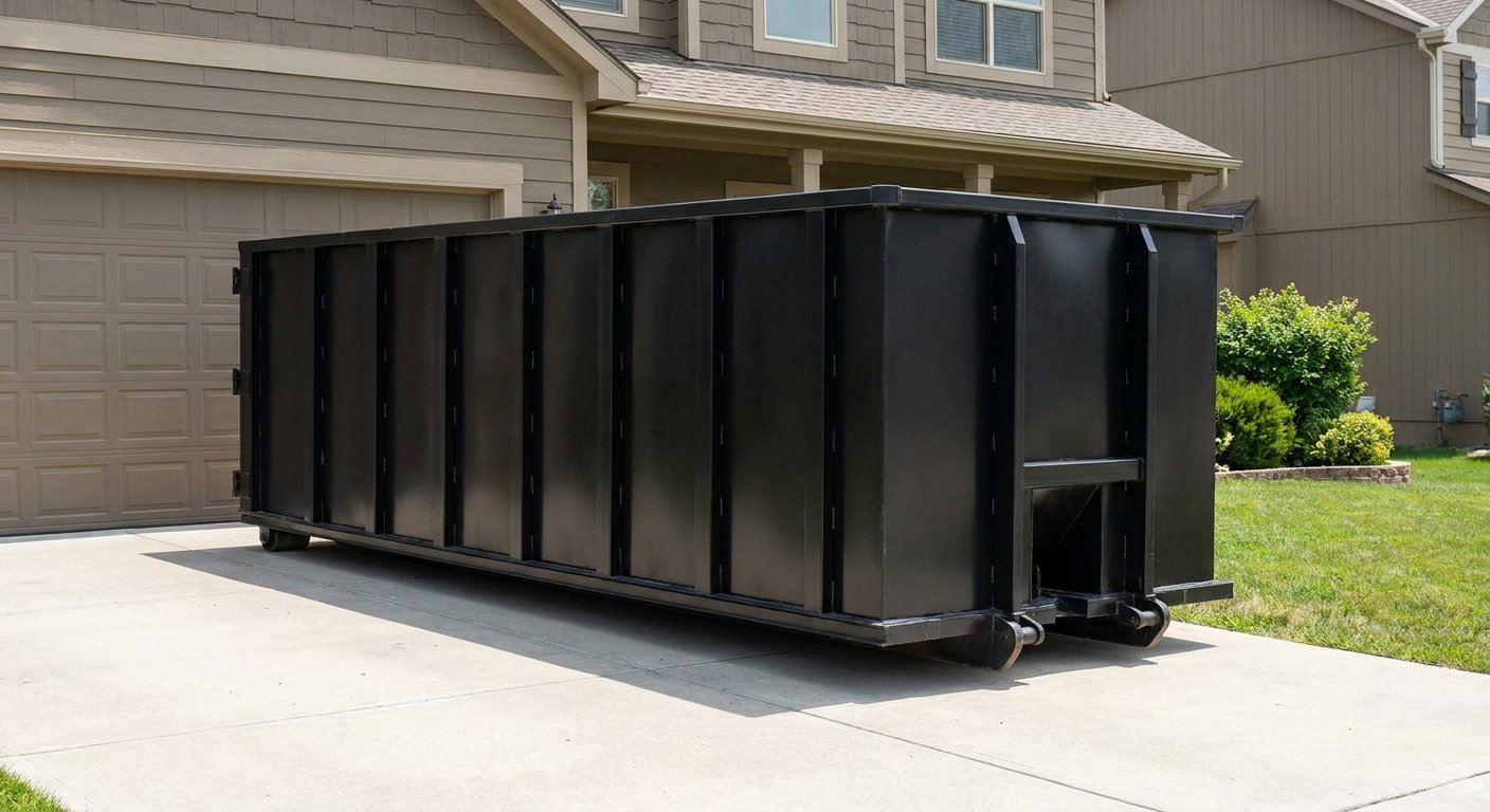Matte-black residential roll-off dumpster sitting directly on a suburban Lancaster concrete driveway, garage door closed, single-family home in background, bright morning daylight.