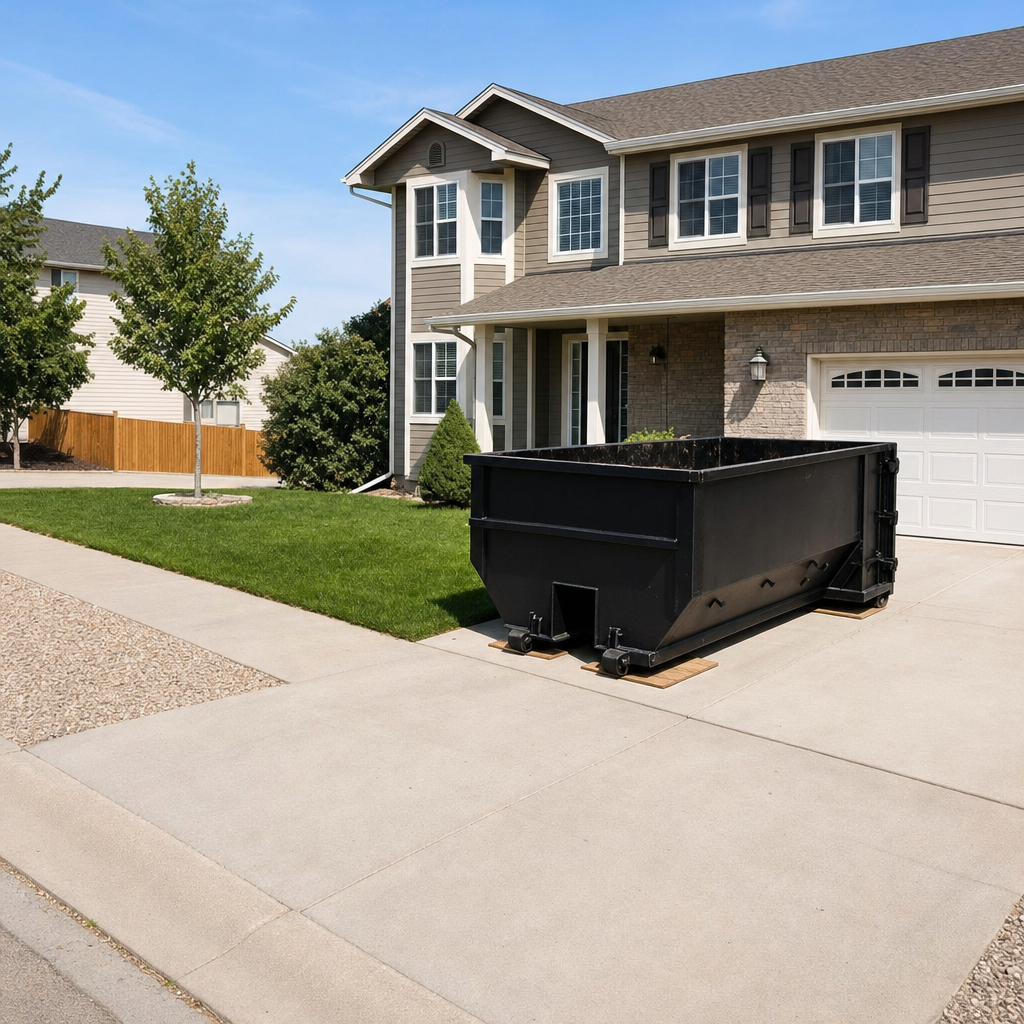 10-yard matte-black residential dumpster placed directly on a narrow Lancaster concrete driveway, room remains for a parked sedan beside it, mid-morning natural light
