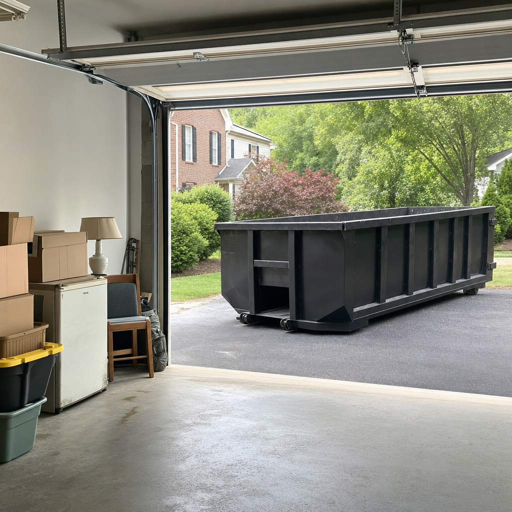 Open garage interior in a Lancaster home mid-cleanout — boxed items, an old appliance, and stacked yard tools queued near the driveway for a matte-black roll-off dumpster, organized and calm