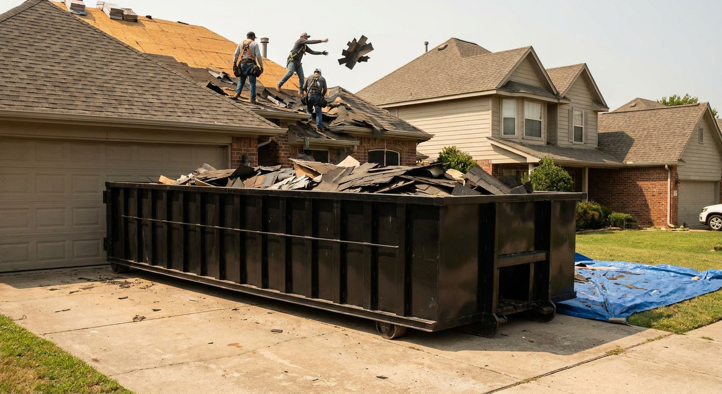 Matte-black roofing roll-off dumpster placed directly on a Lancaster residential concrete driveway, a tear-off crew on a two-story asphalt-shingle roof tossing shingle bundles into the low-walled container, bright daylight, documentary 35mm perspective.