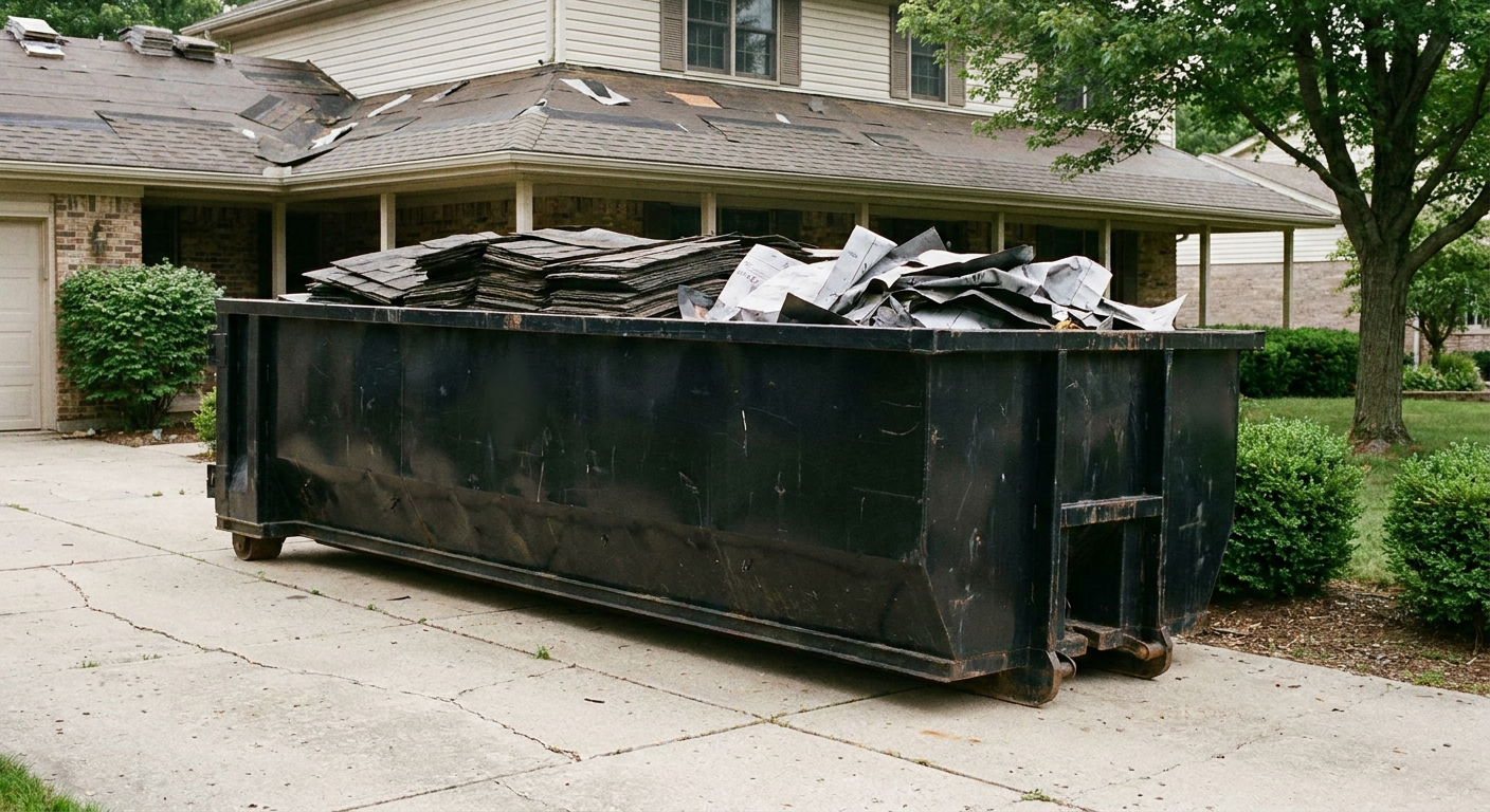 Matte-black 30-yard roofing roll-off dumpster sitting directly on a Lancaster concrete driveway, taller ribbed steel side panels, mixed tear-off debris of asphalt shingles and underlayment inside, professional documentary daylight.
