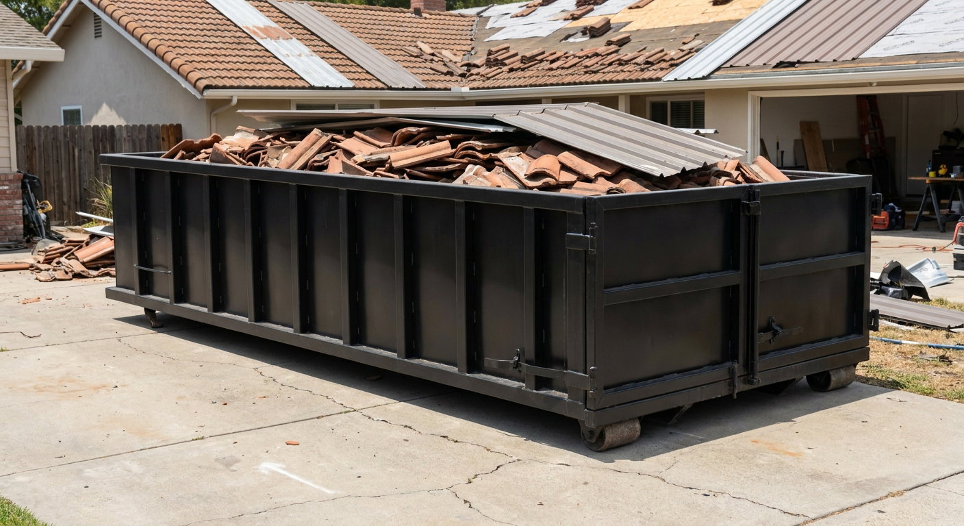 Matte-black low-wall heavy-debris roofing roll-off dumpster sitting directly on a Lancaster concrete driveway, broken concrete clay roof tiles and metal panel sections loaded inside, reinforced ribbed steel side walls visible, bright outdoor daylight.