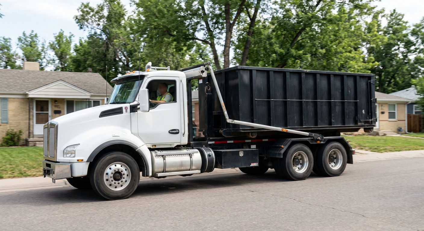 A wide documentary shot of a matte-black roll-off delivery truck pulling onto a quiet Lancaster residential street at mid-morning, with neighborhood rooftops and tree-lined blocks visible behind, showing the metro coverage footprint.