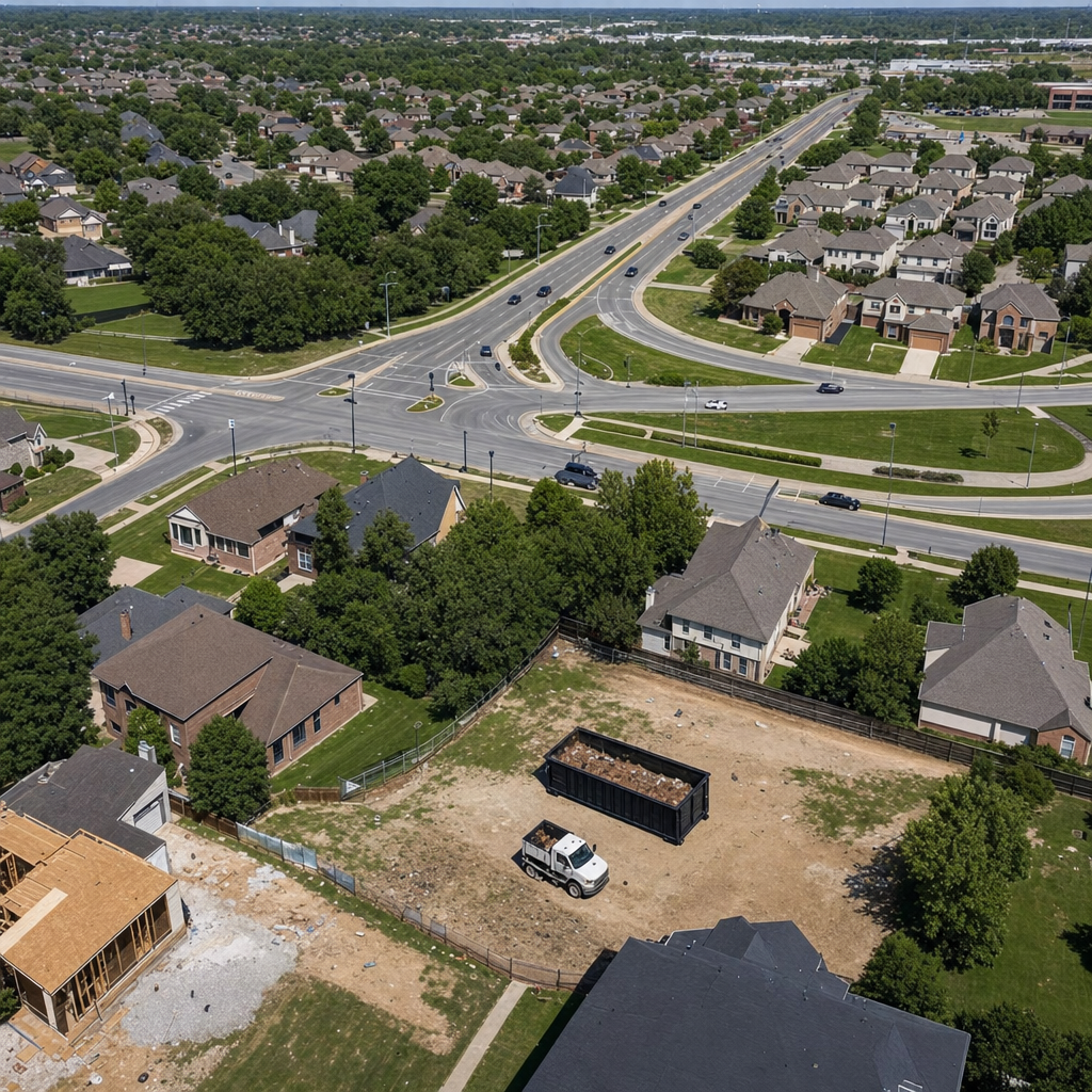 An overhead documentary view of the Lancaster metro area at midday, showing the spread of neighborhoods, arterial roads, and the dispatch radius from a central yard — clean daylight, organized geographic layout.