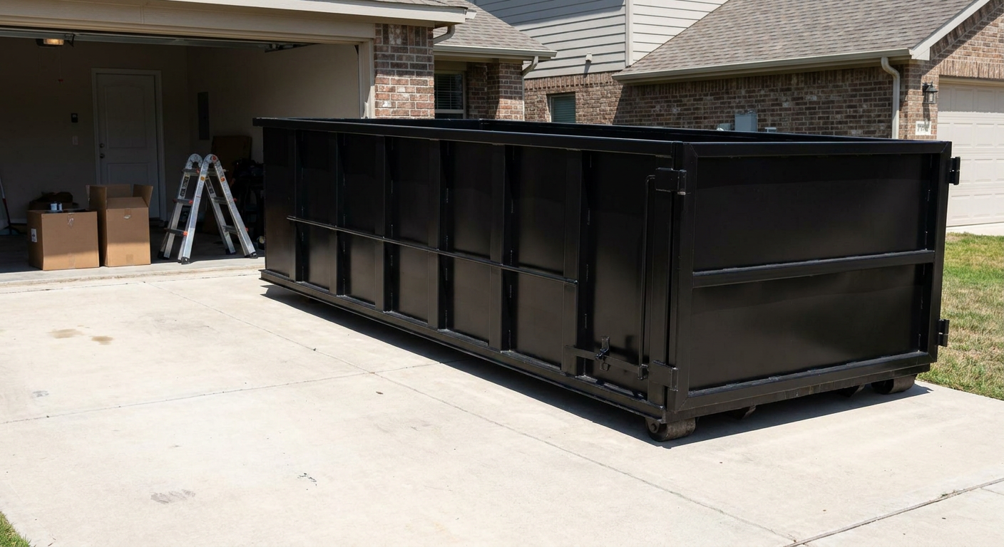 A matte-black 10-yard roll-off dumpster sitting directly on a residential Lancaster concrete driveway, mid-day sunlight, clean and ready for a garage cleanout.