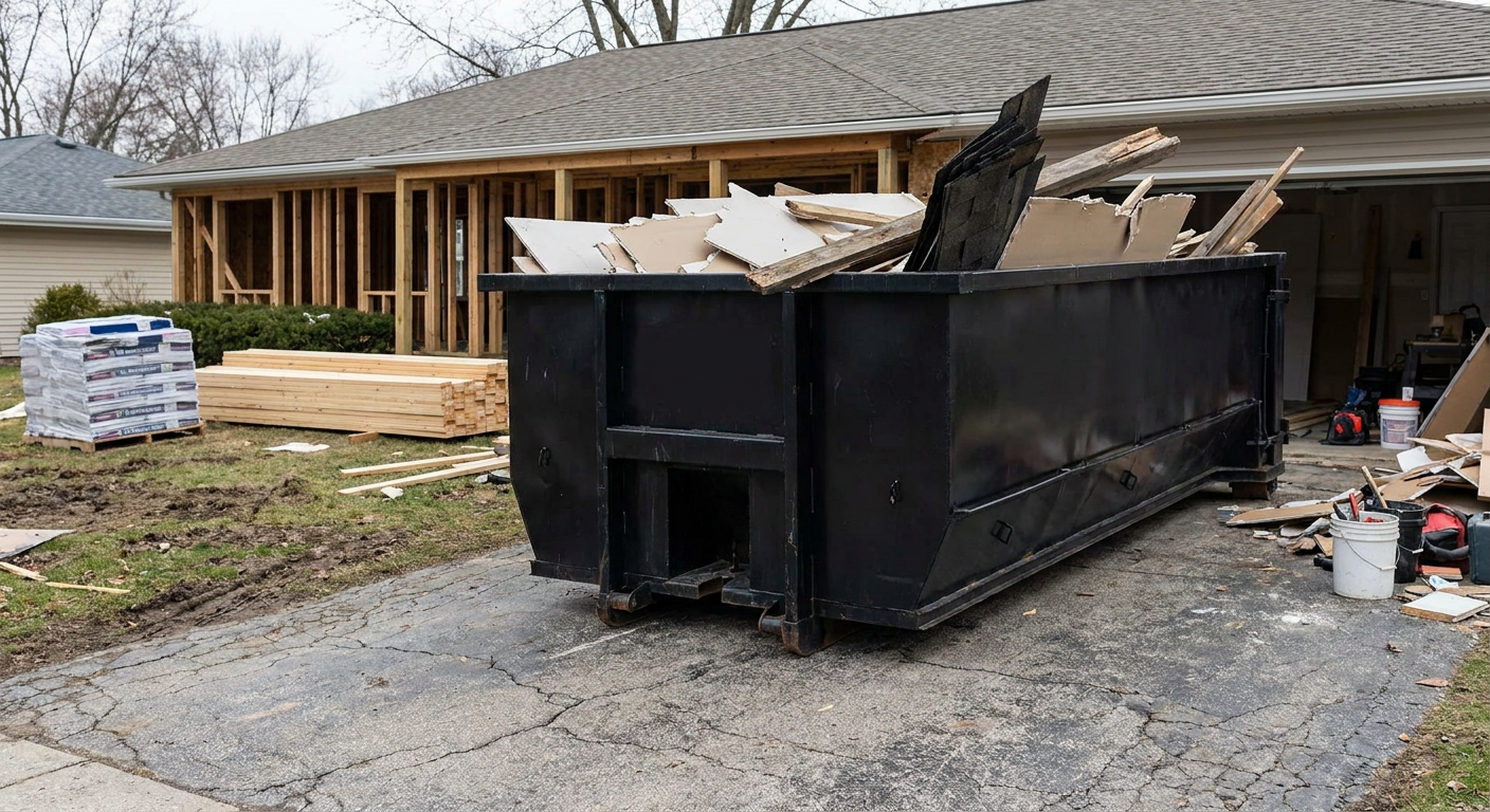A matte-black 20-yard roll-off dumpster placed alongside a mid-renovation Lancaster home directly on the asphalt driveway, with framing materials and torn-off shingles staged neatly nearby.