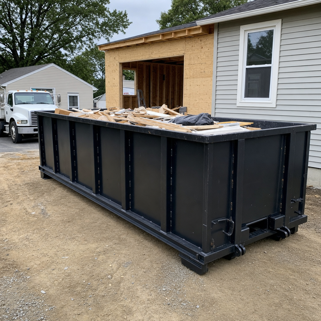 A matte-black 30-yard roll-off dumpster positioned at a Lancaster residential addition jobsite, with framing lumber and drywall scraps loaded through the open swinging rear doors.